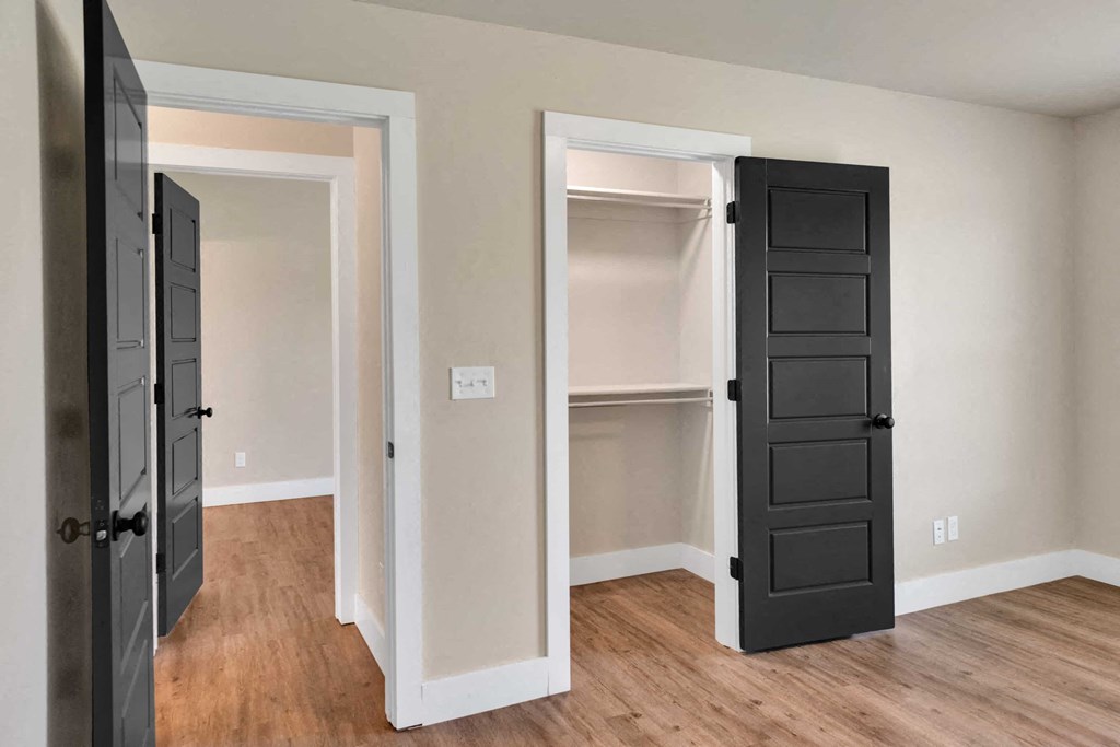 a room with a closet and a wooden floor and black doors