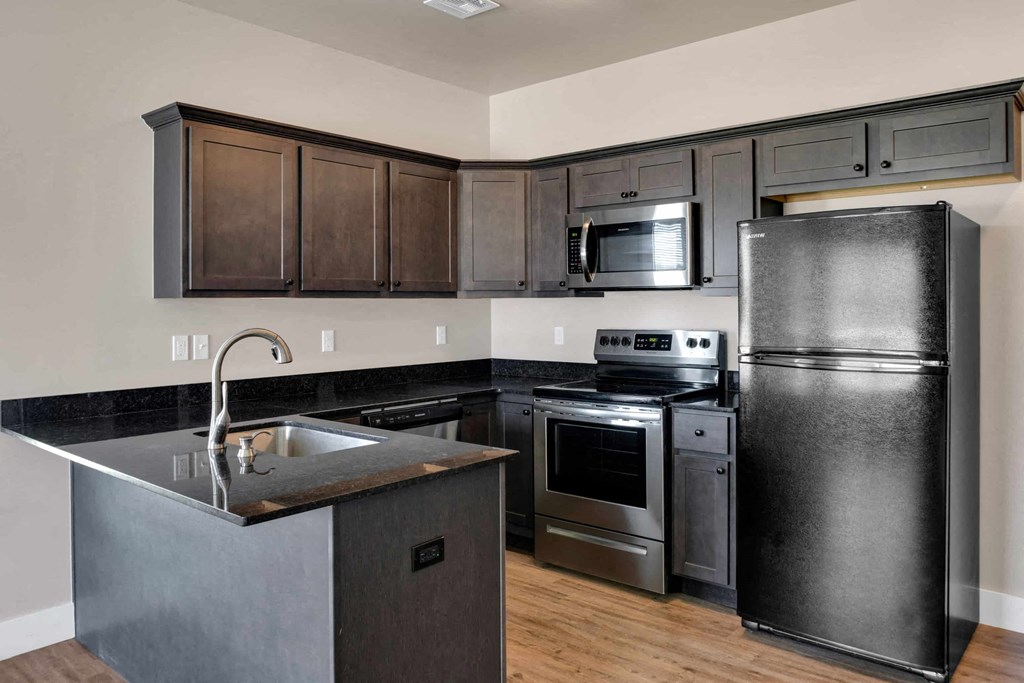 a kitchen with stainless steel appliances and dark wood cabinets