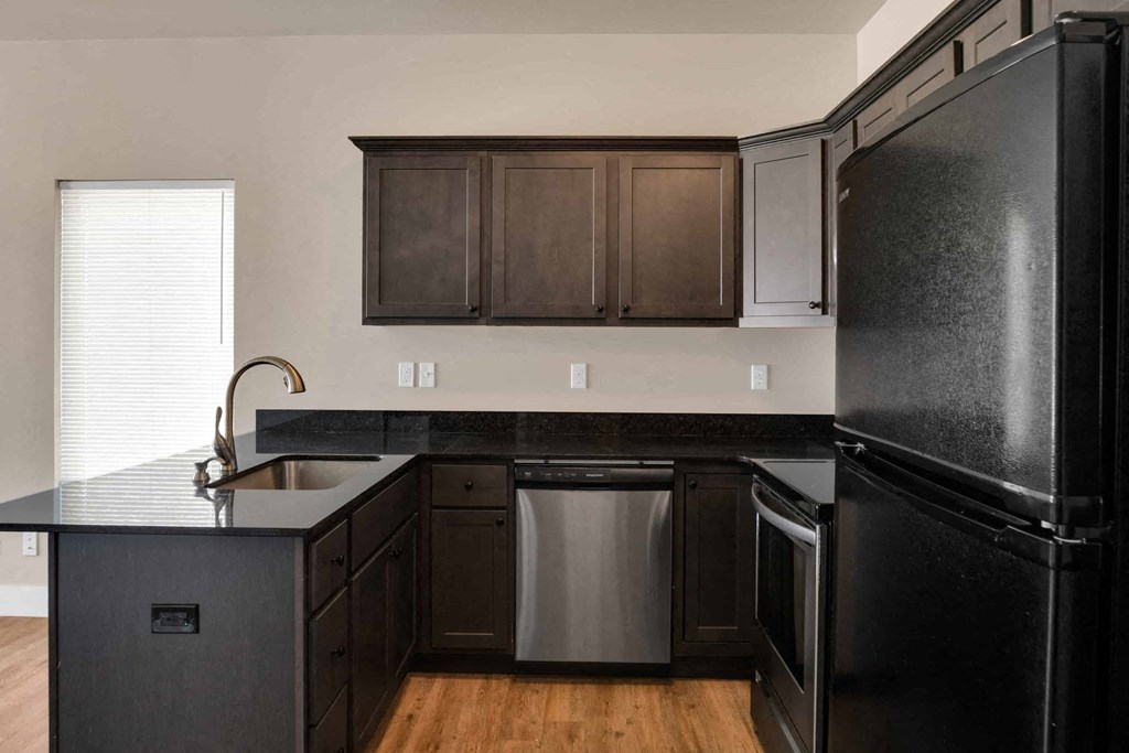a kitchen with black cabinets and stainless steel appliances