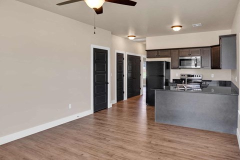 an empty living room with a kitchen and a ceiling fan