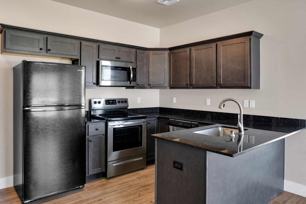 a kitchen with stainless steel appliances and dark wood cabinets