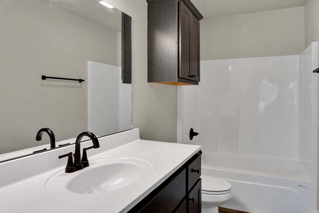 a bathroom with a sink and a shower and a toilet