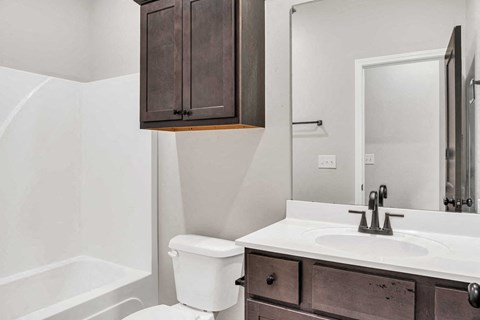 a bathroom with a sink toilet and a mirror