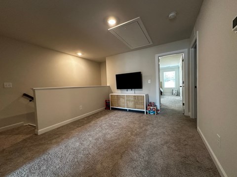 a living room with carpet and a tv