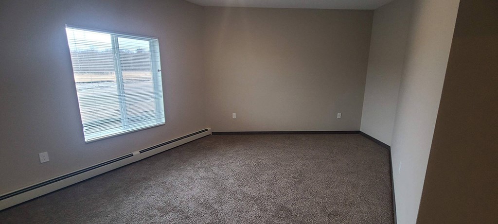 a empty room with a window and carpet