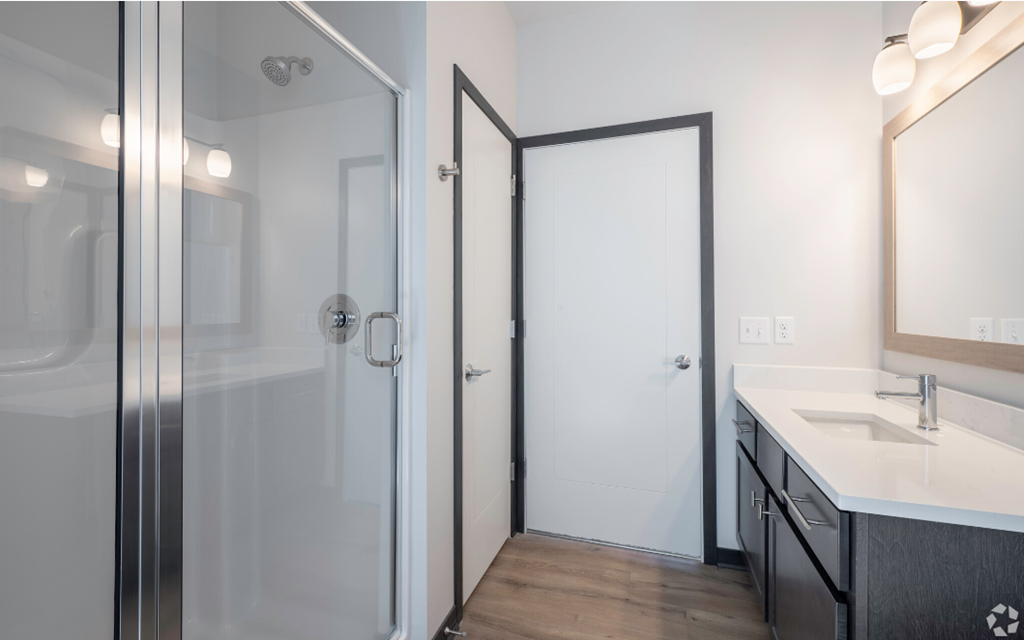 a bathroom with a shower and a sink and a mirror