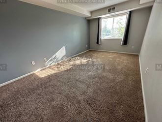 a carpeted living room with a window and gray walls