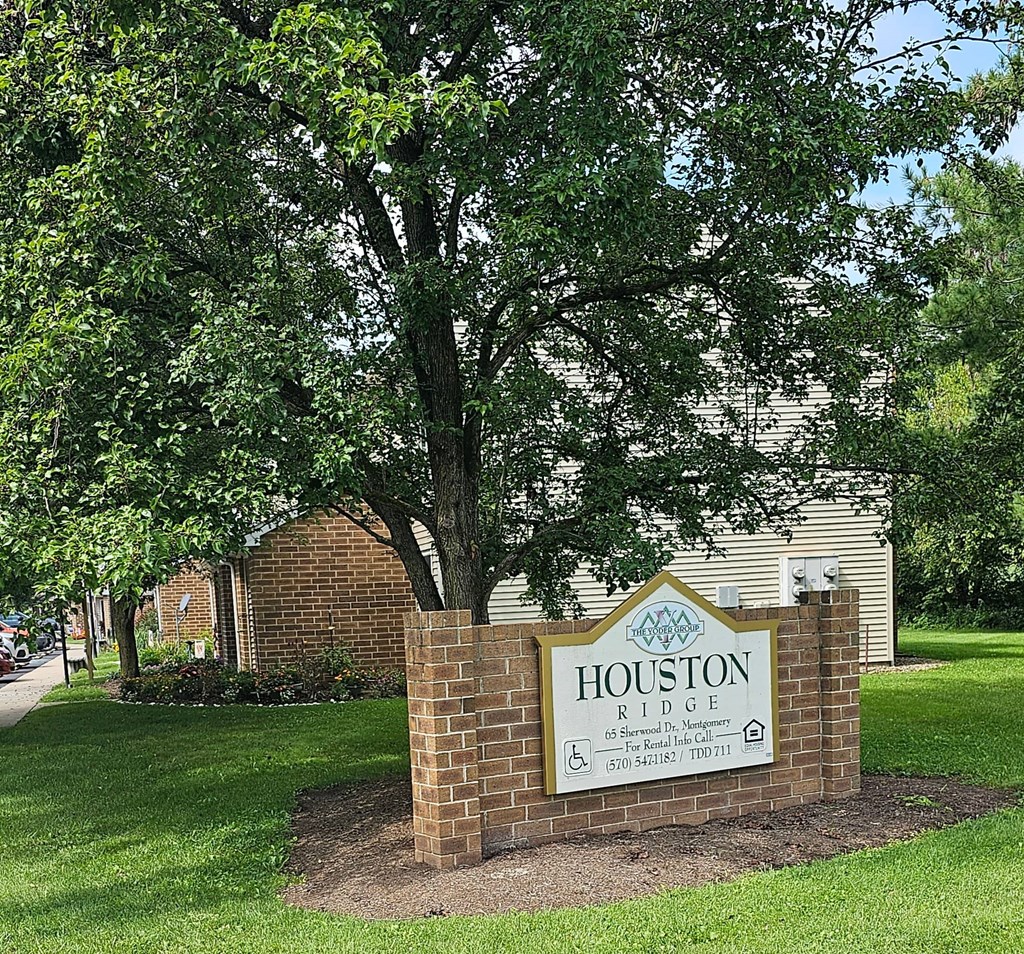 a sign in front of a tree and a building