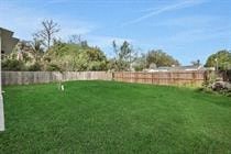 a backyard with a fence and green grass