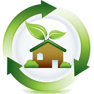 a green circle logo with a home and green arrows
