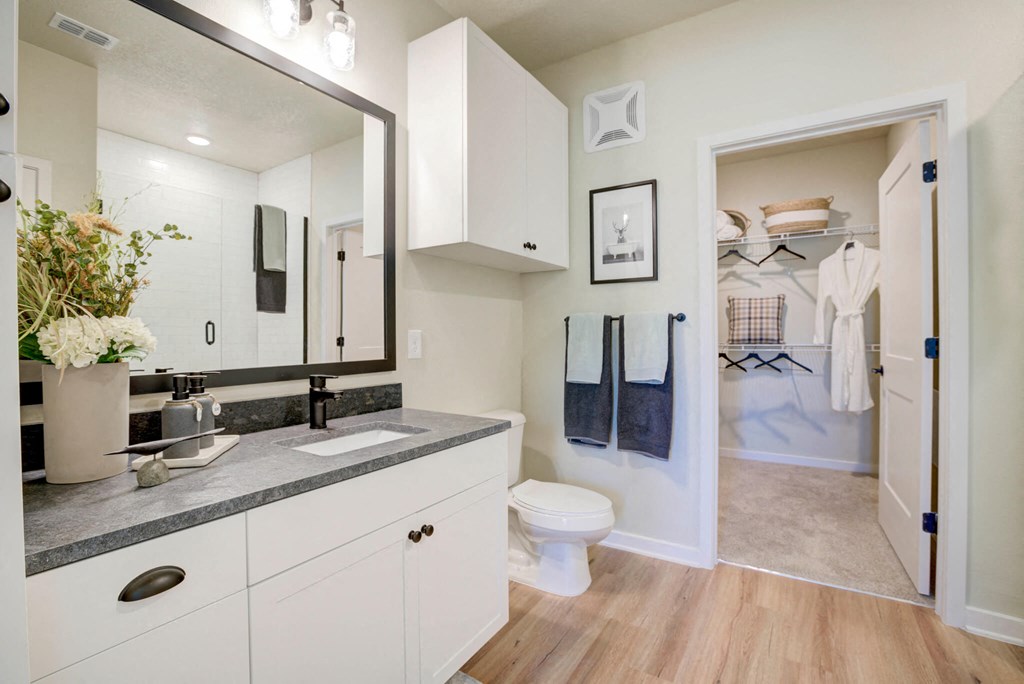 a bathroom with a large mirror and a toilet