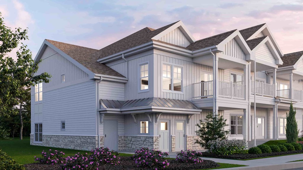 a rendering of a white home with a porch and a balcony