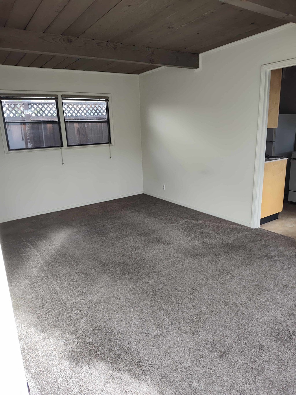 an empty room with a carpeted floor and two windows