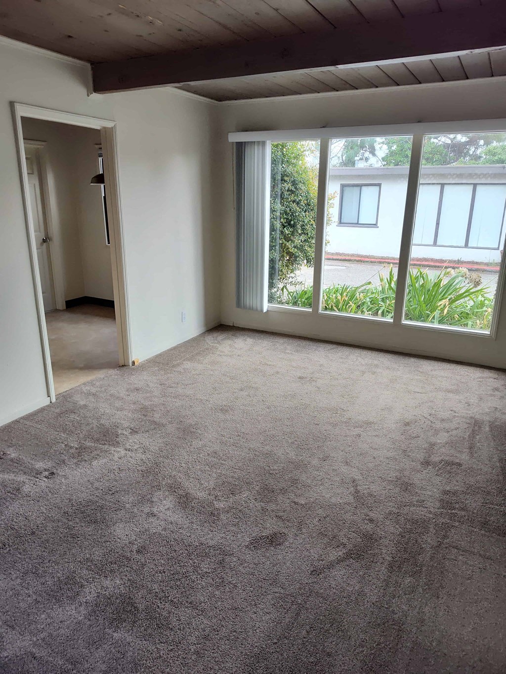 an empty living room with large windows and carpet