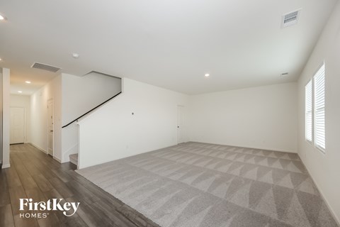 a living room with white walls and a gray rug
