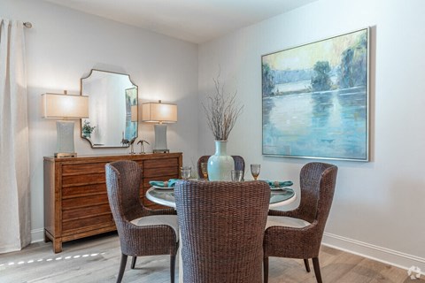 A dining room with a table set for two and a painting on the wall.