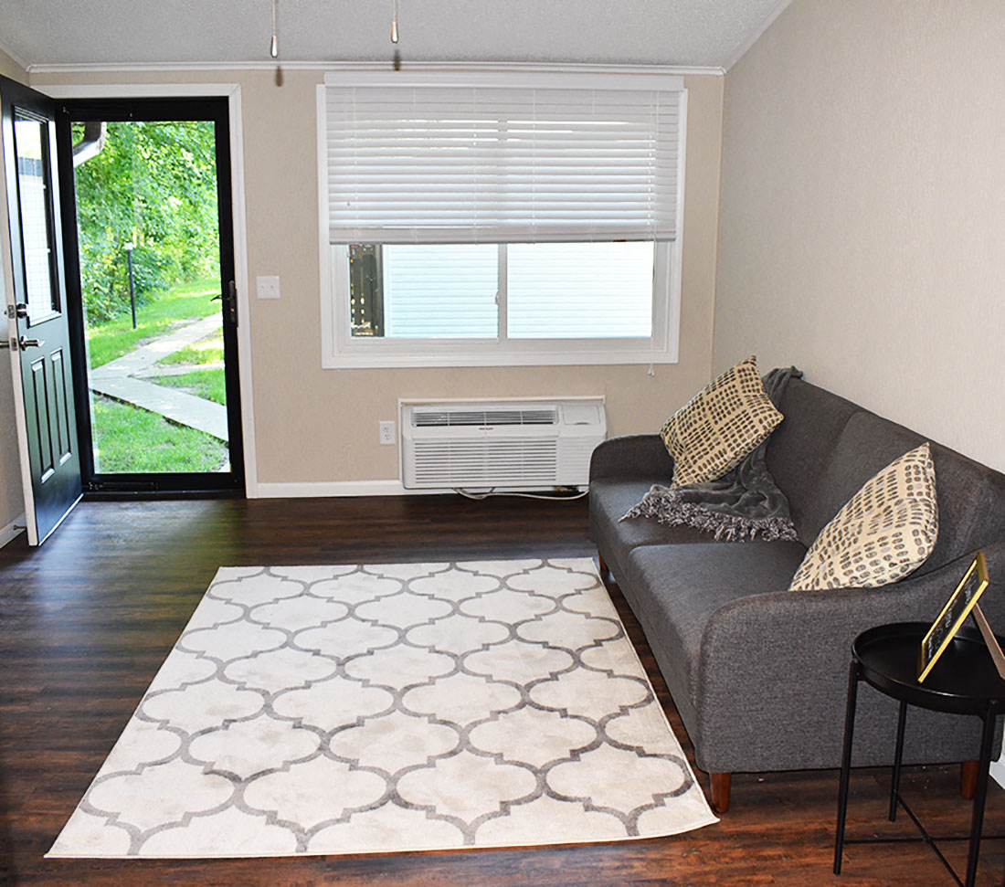 a living room with a couch and a rug in front of a door