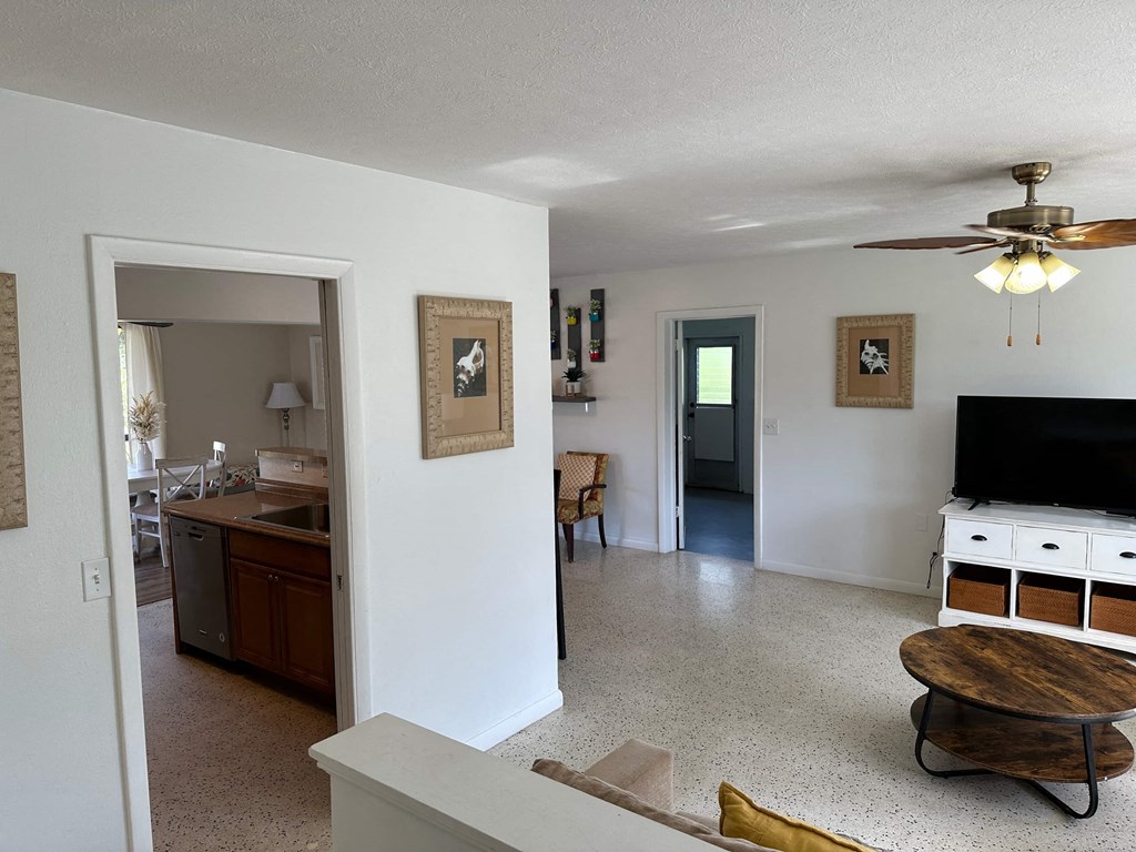 a view of a living room and a kitchen with a tv