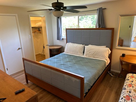 a bedroom with a bed and a ceiling fan
