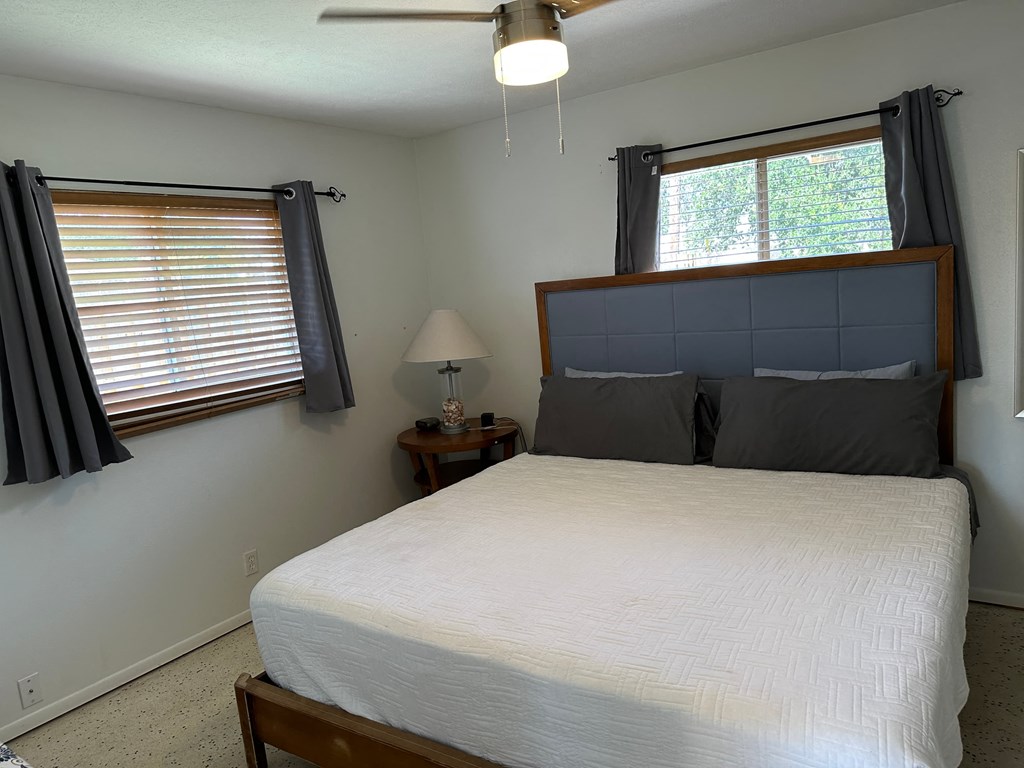 a bedroom with a bed and two windows