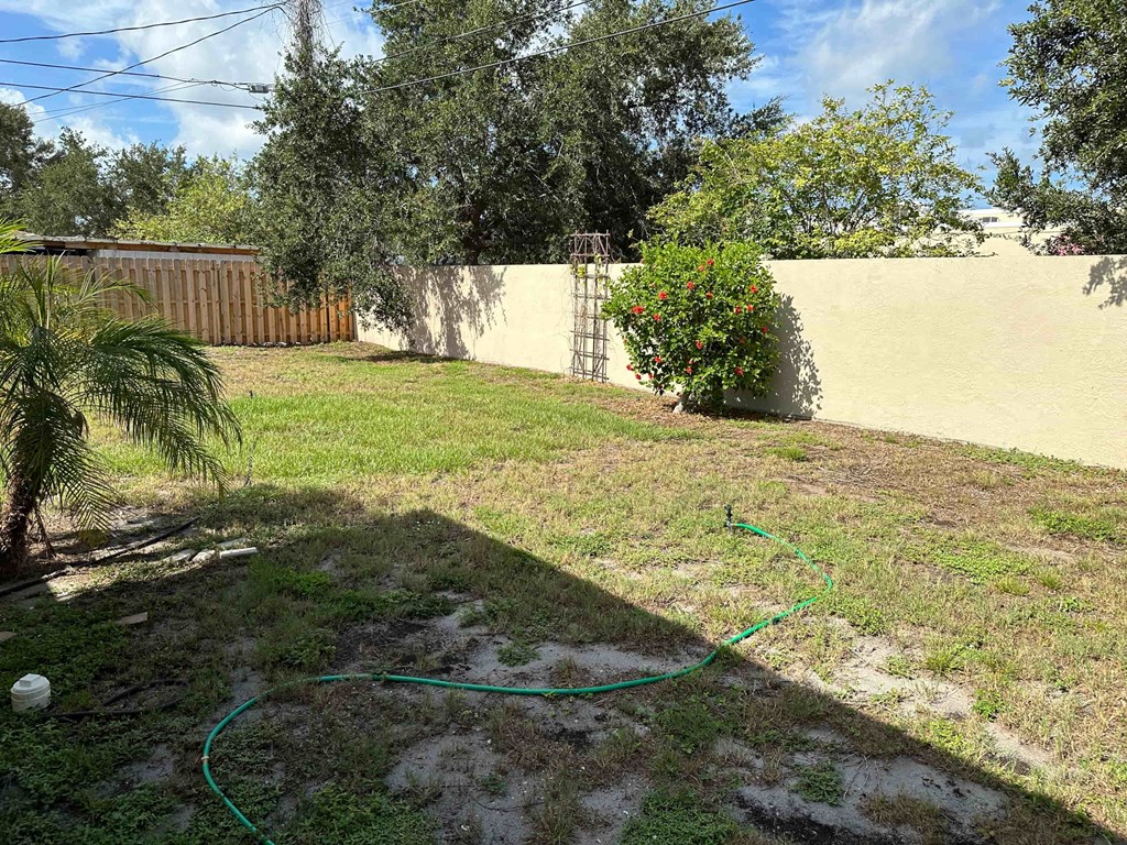 a garden with a hose spraying water on the grass
