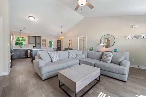 A living room with a grey couch and a coffee table.