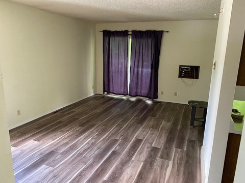 a living room with a hard wood floor and a purple curtain