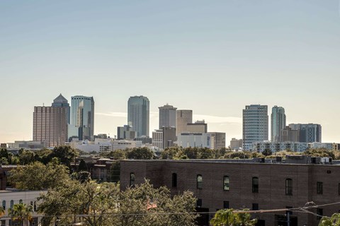 a view of the city skyline from a rooftop