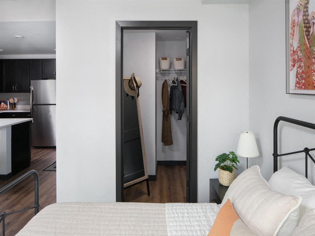 a bedroom with a bed and a closet