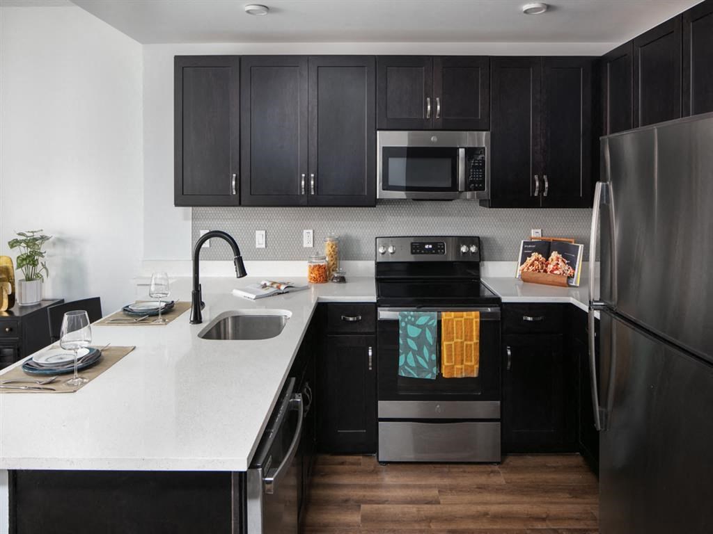 a kitchen with stainless steel appliances and black cabinets