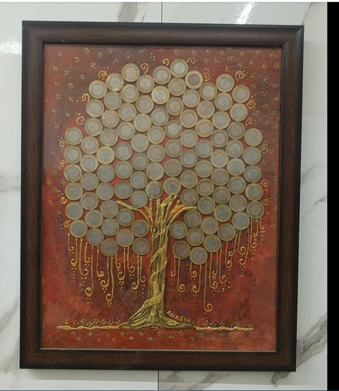 a painting of a tree with droplets of liquid hanging from it