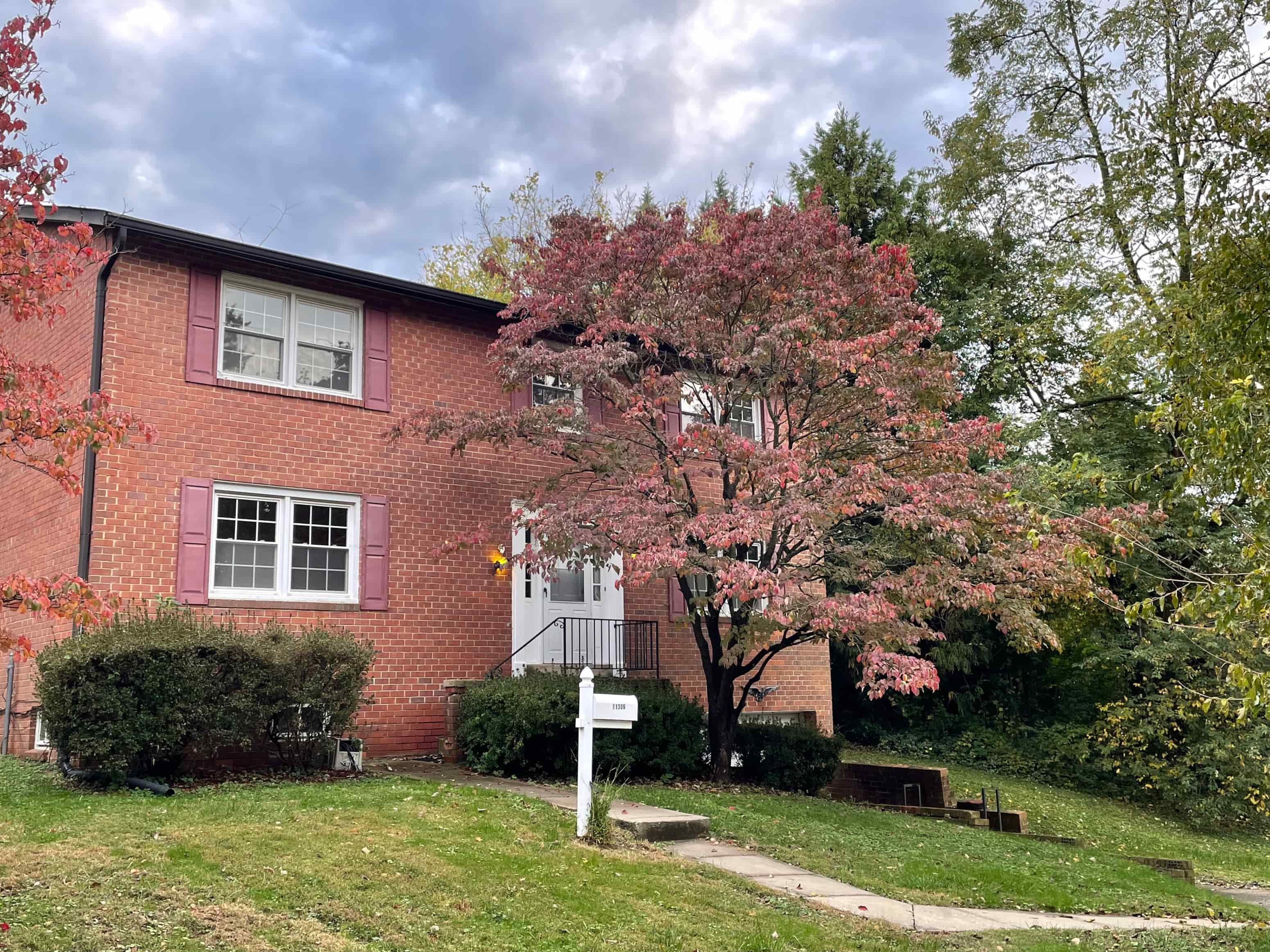 a red brick house with a tree in front of it