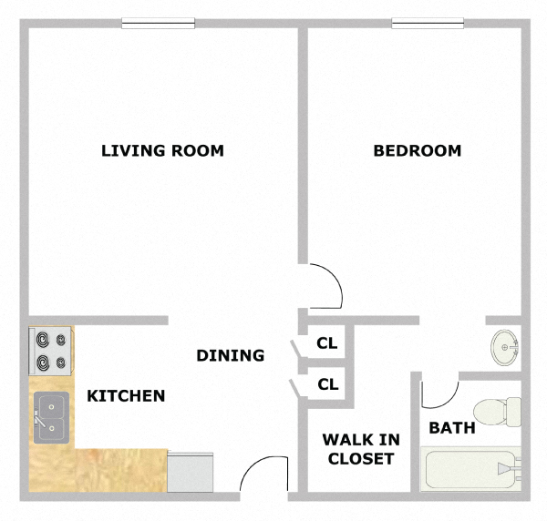 One-bedroom, one-bathroom, 537 square-foot floor plan at Village Square Apartments in Russellville