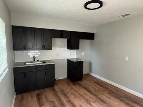 an empty kitchen with black cabinets and a sink