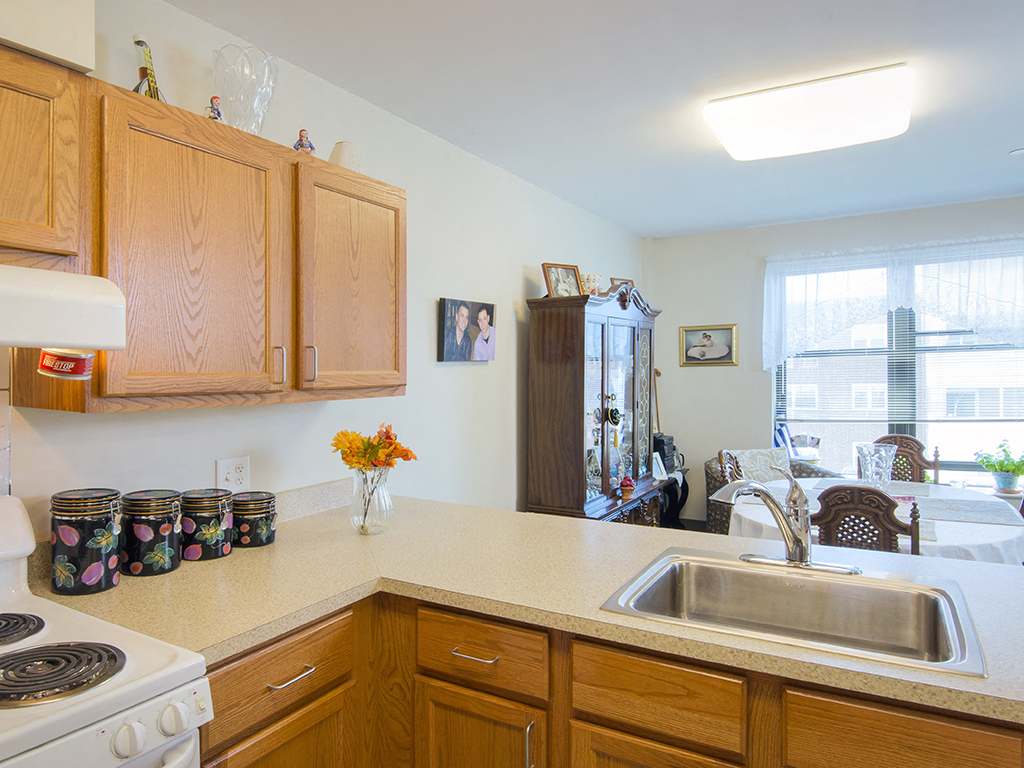 a kitchen with wooden cabinets and a sink and a window