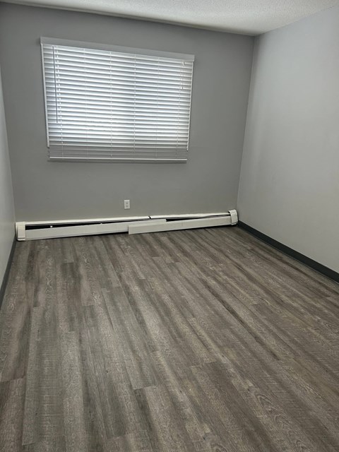 A room with a window covered by blinds and a radiator on the wall.