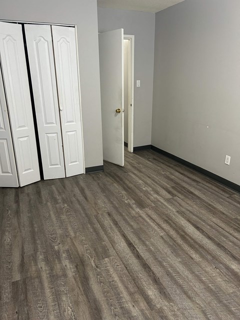 A room with a white door and a white closet with a black stripe down the middle.