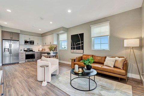a living room with a couch and a table