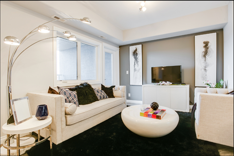 A living room with a white couch and a black rug.