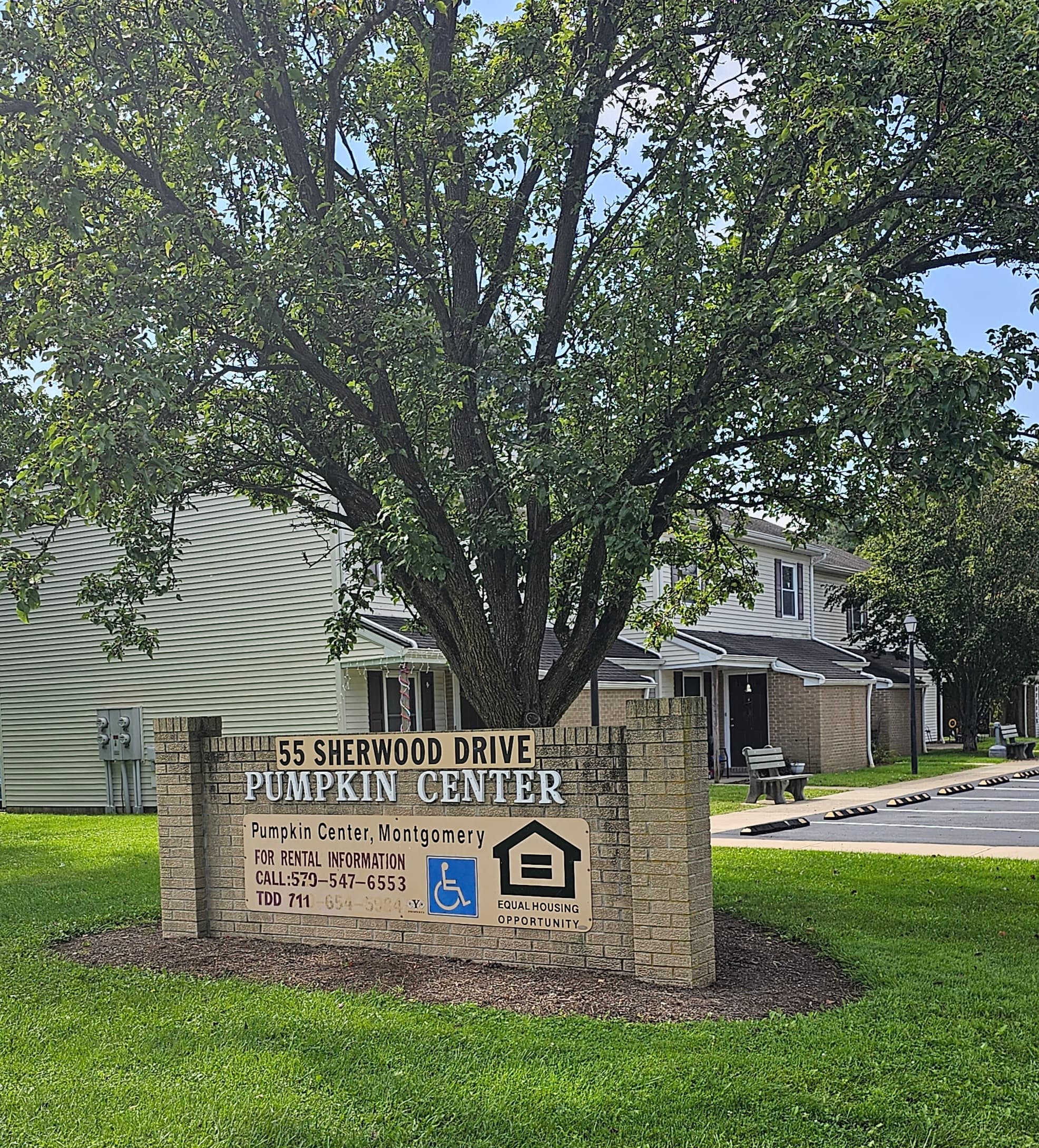 a sign for the is sherwood drive pumpkin center in front of a tree