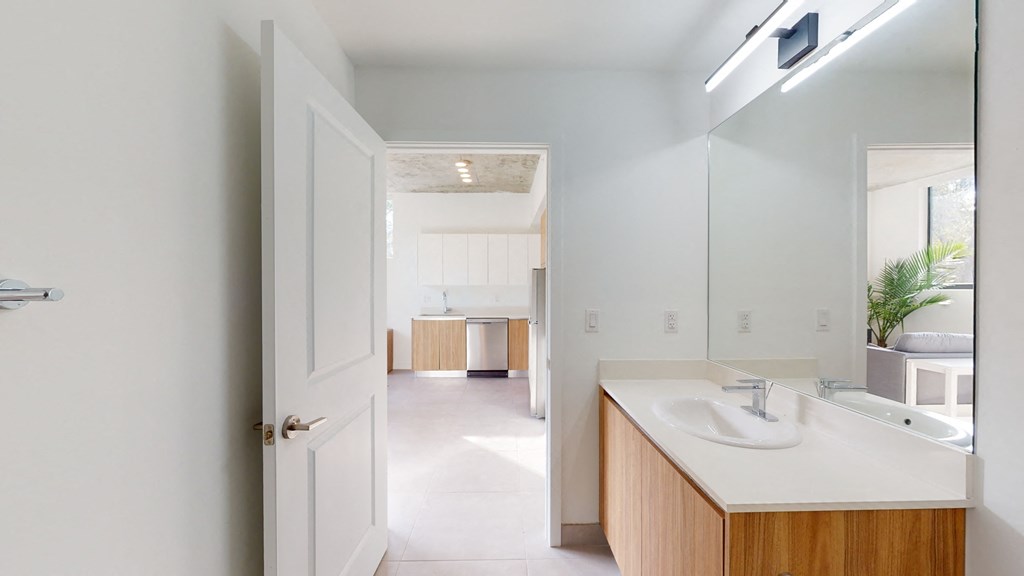 a bathroom with a sink and a mirror