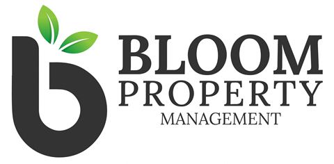 the logo for bloom property management with the number 6 with a green leaf on top