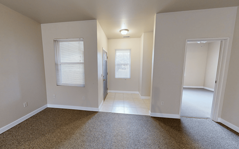A room with carpeted floor and two windows.