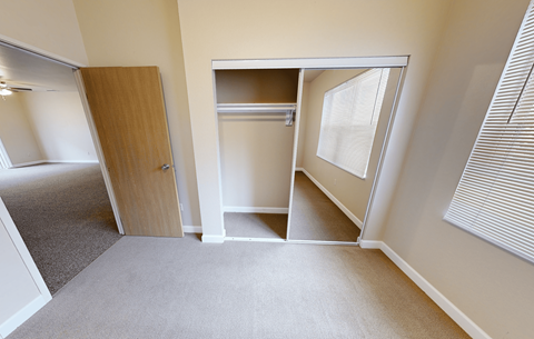 A room with a carpeted floor and a closet with a sliding door.