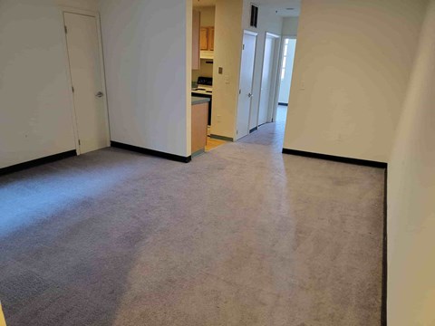 a living room with a carpeted floor and a hallway with a kitchen