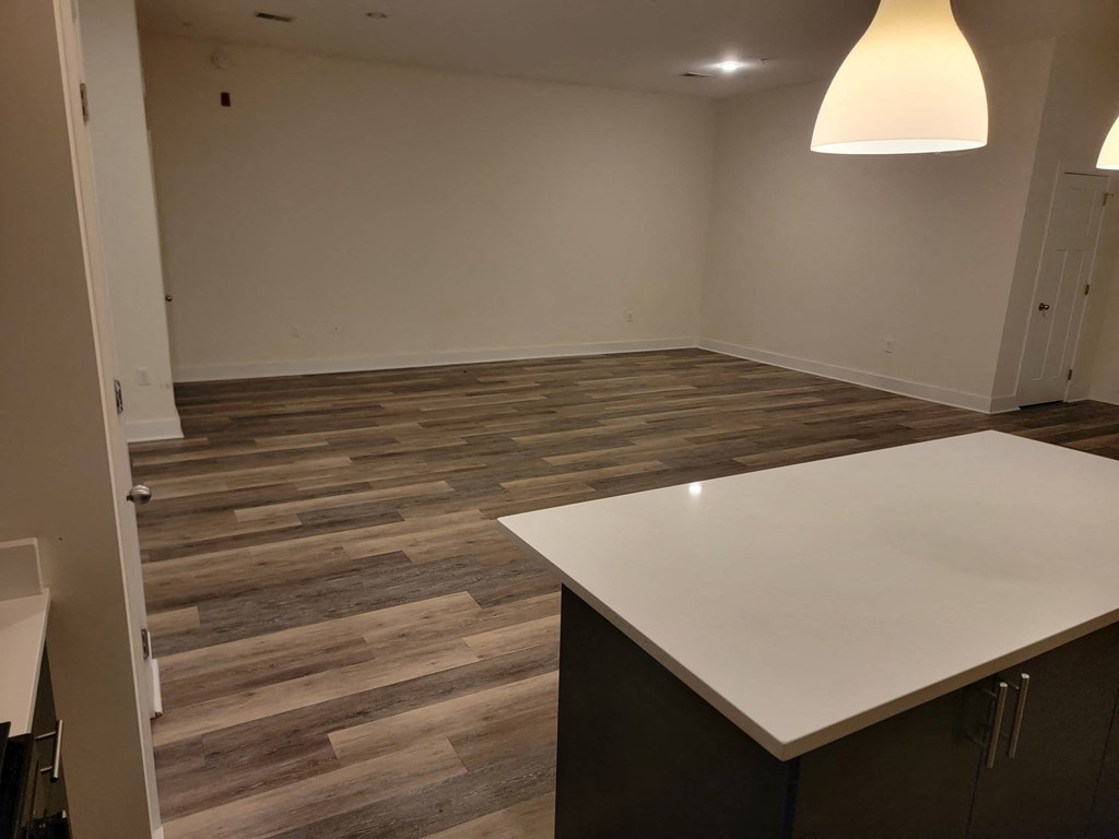 a kitchen with a white counter top in a empty room