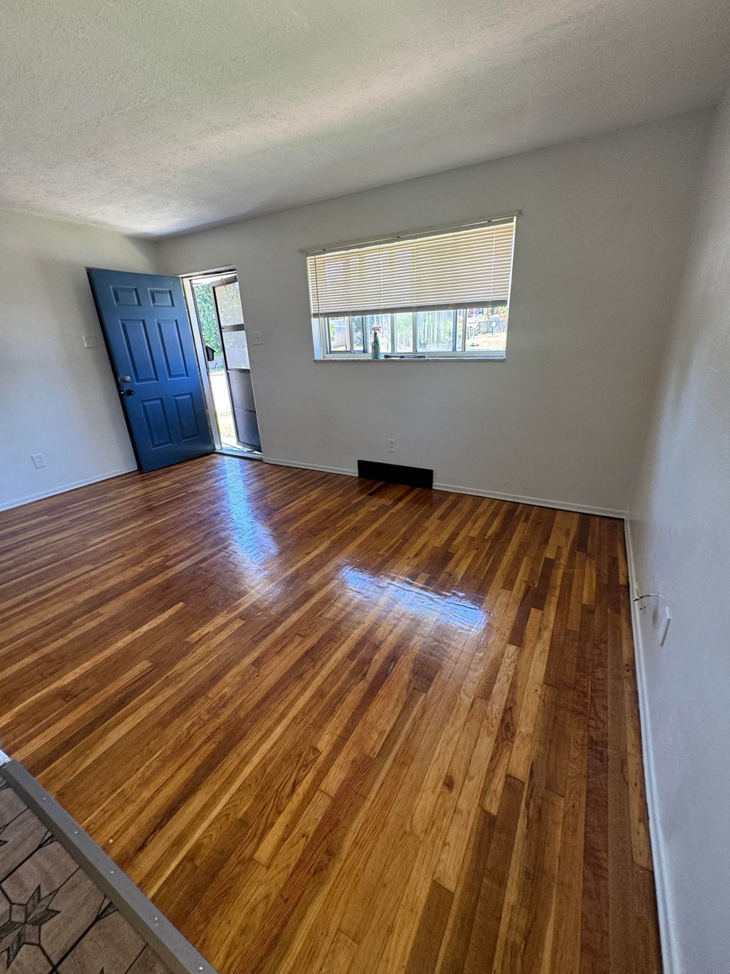 an empty living room with wooden floors and a blue door