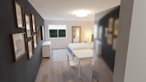 a rendering of a hotel room with a bed and a table