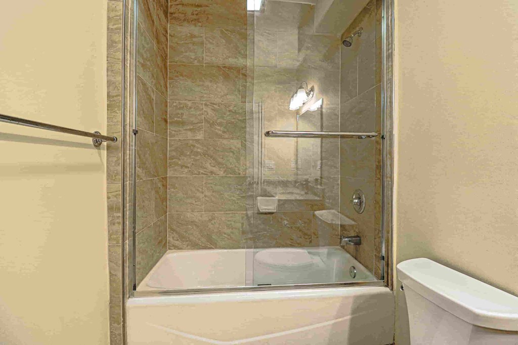 a bathroom with a shower and a toilet and a sink