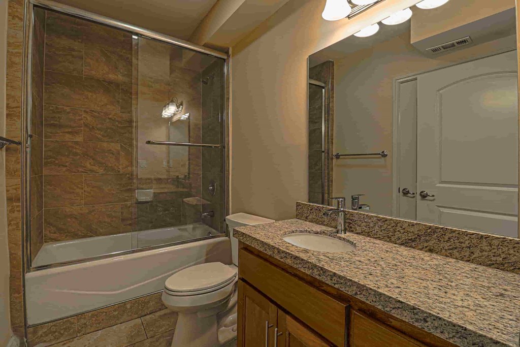 a bathroom with a shower toilet and sink